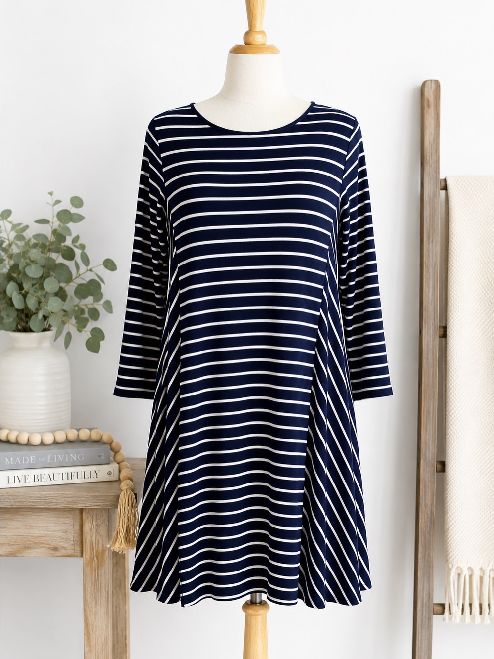 Stylus Navy & White Striped Swing Dress | Size Large
